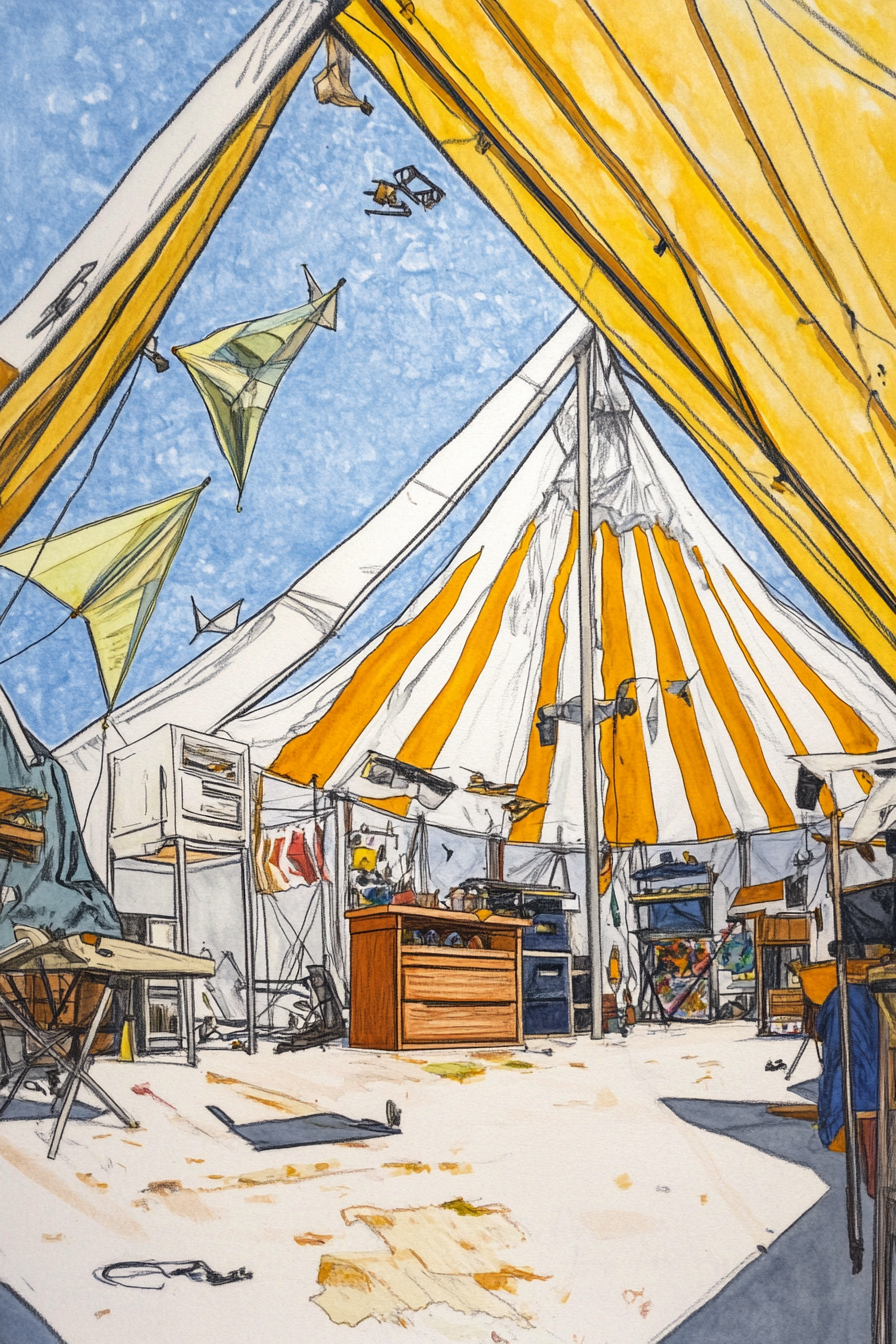 Adventure Launch Space. Kite Repair Shop under a yellow-striped white tent