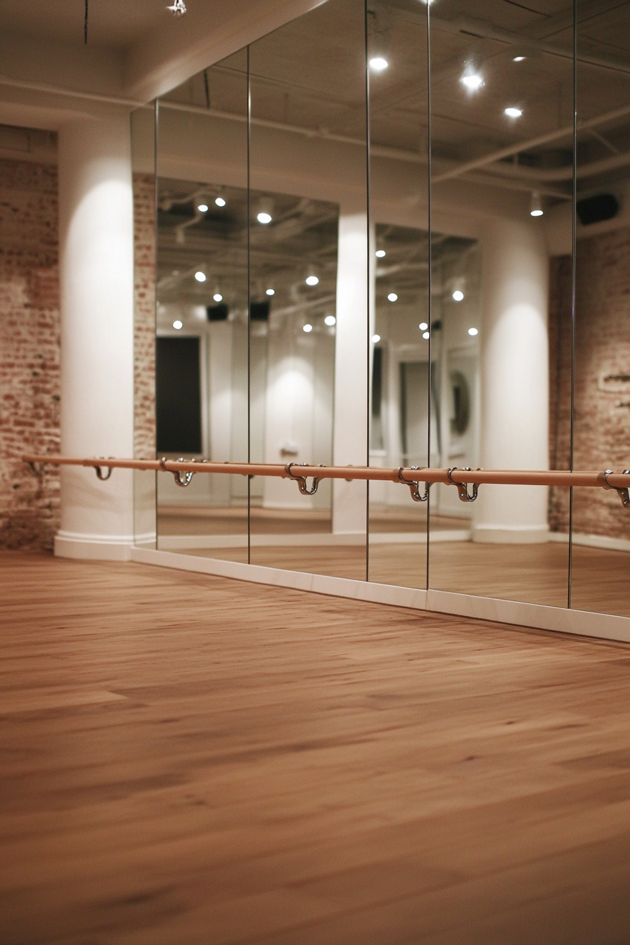 Movement Practice Space. Barre and mirrored wall. Sprung floor. Sound system. Warming up devices.