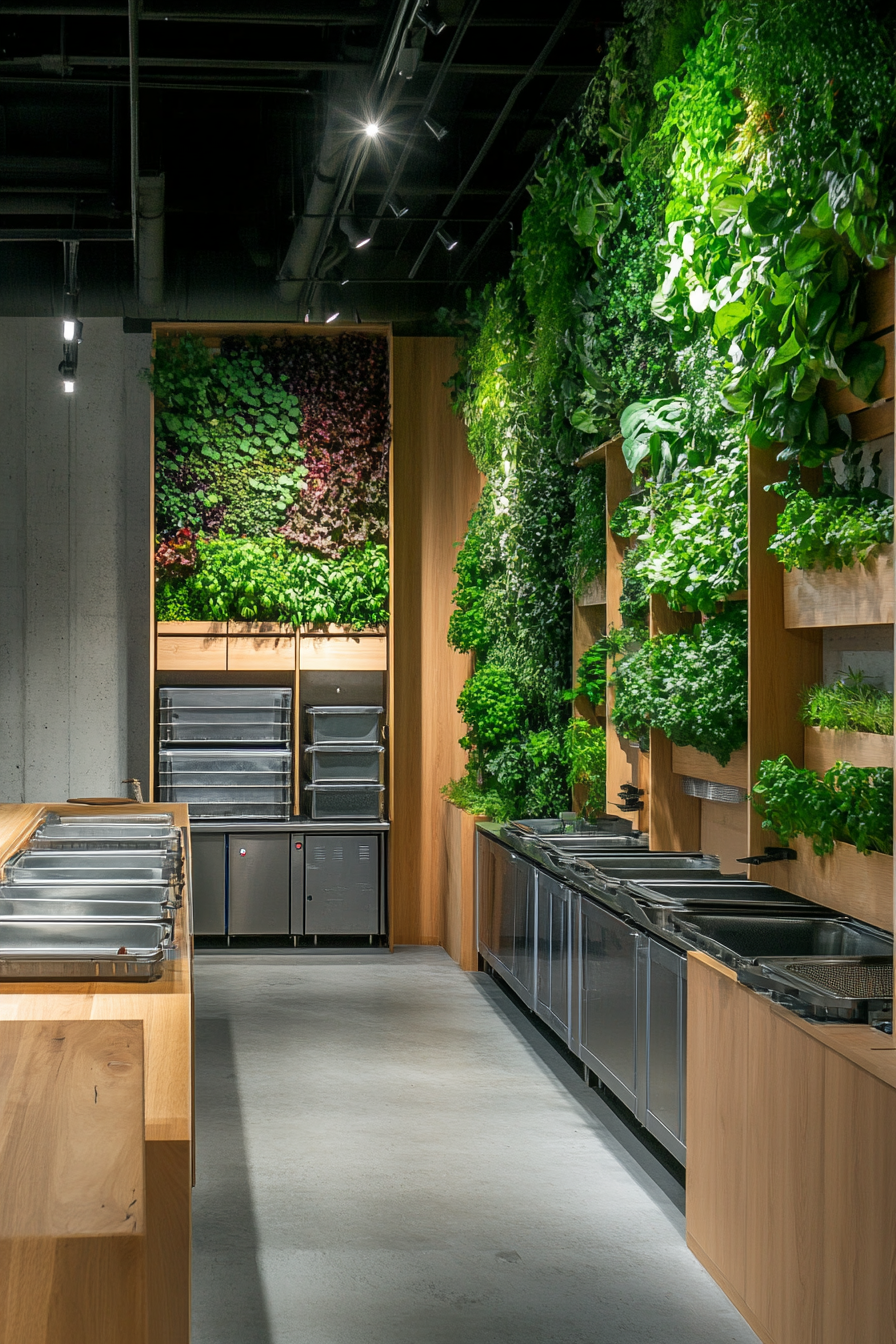 Community cooking space. Bulk storage bins beside vertical herb wall with integrated composting units.