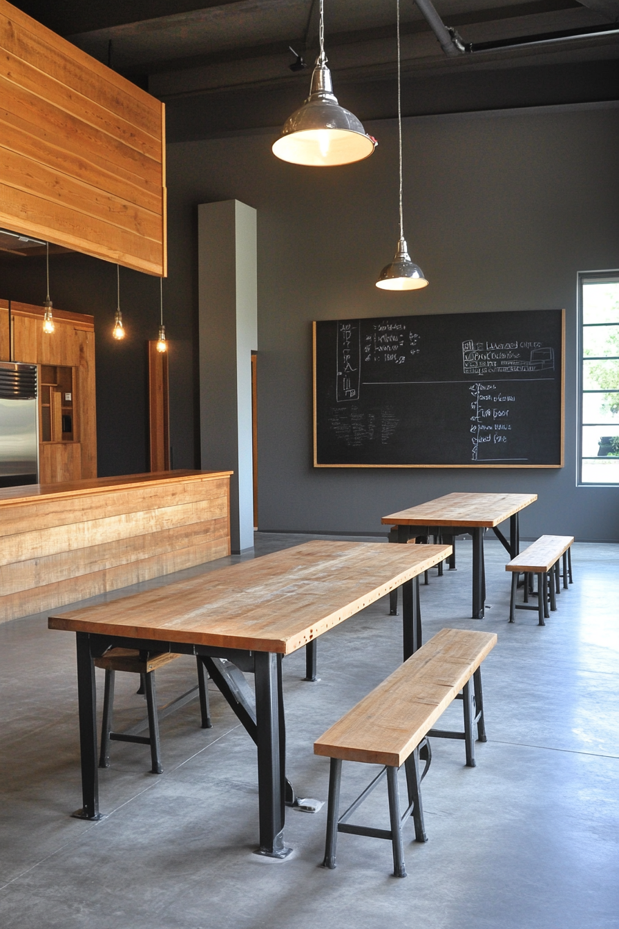 Community living space. Cooperate workshop area with wooden tables and chalkboards.
