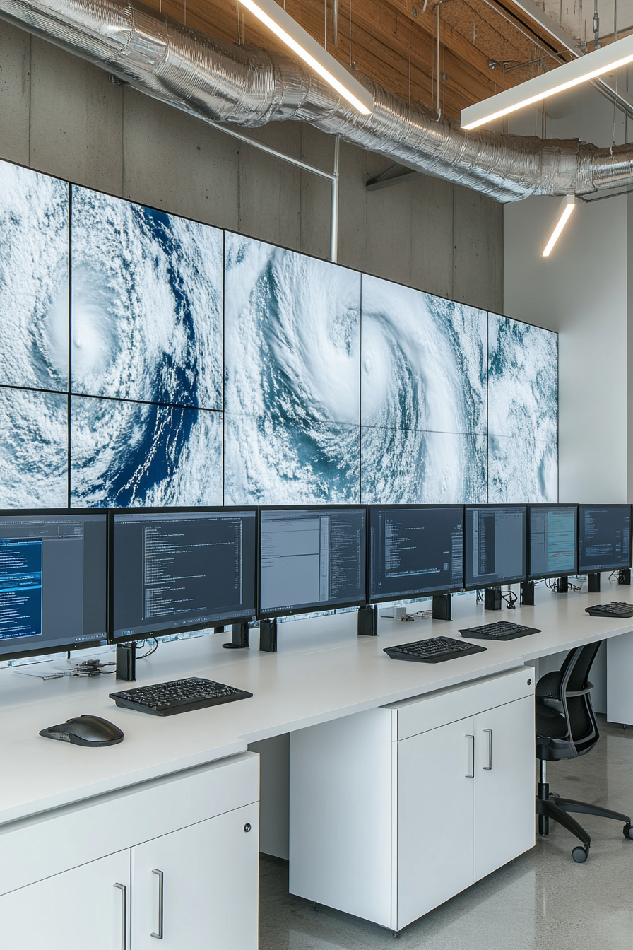 Coastal analysis space. White laboratory workstations with storm-tracking monitors and wall-charted sea currents.