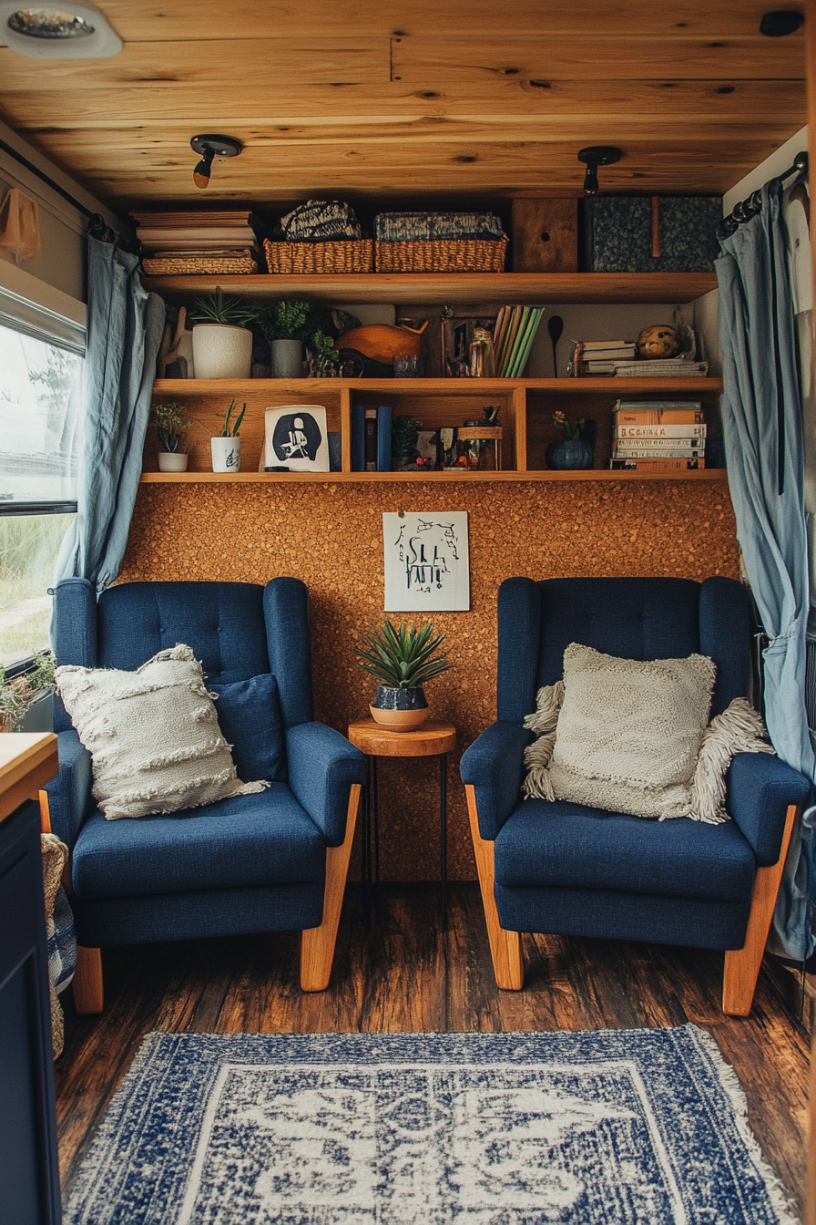 Therapy van space. Plush navy armchairs, hardwood shelving, cotton curtains, and cork wall panels.