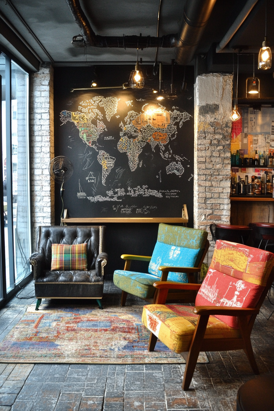 Event Support Space. Industrial style room with multicolored fauteuils and a chalk map board.