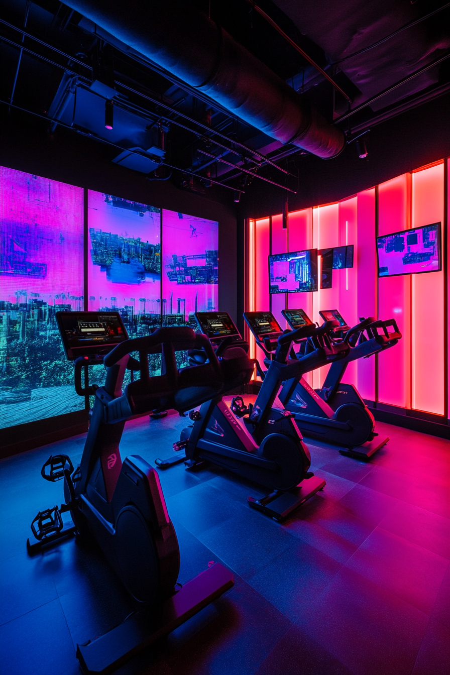 Social gaming space. Peloton bike clustered in VR zone corner under neon lighting.