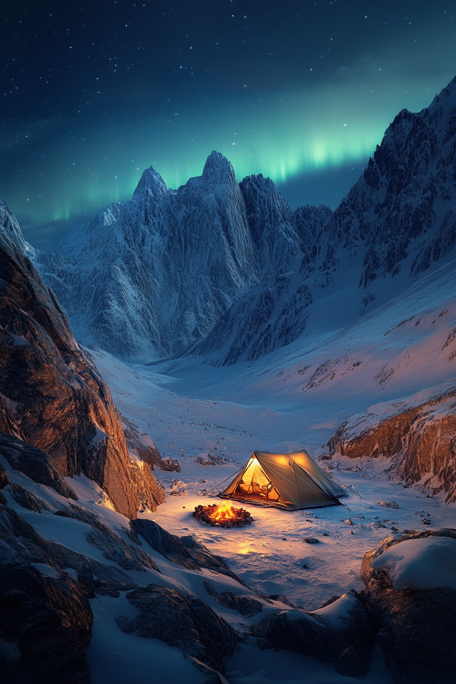 High Alpine site. Snow-coated mountains, fire pit, illuminated aurora viewing tent, rugged peaks.