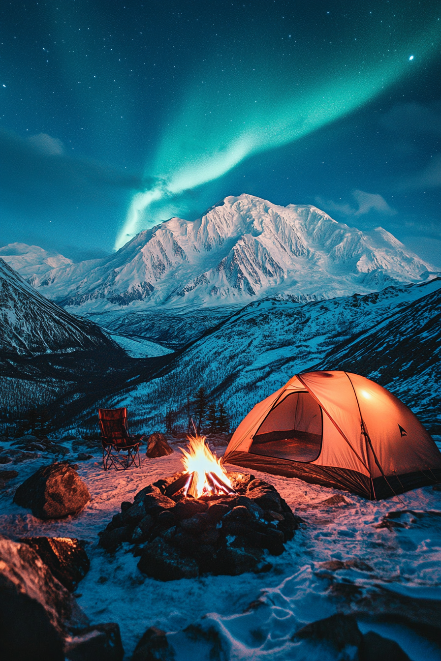 High Alpine site. Wind-protected fire pit against obsidian boulder, tent aimed at northern lights, surrounds Mount McKinley view.