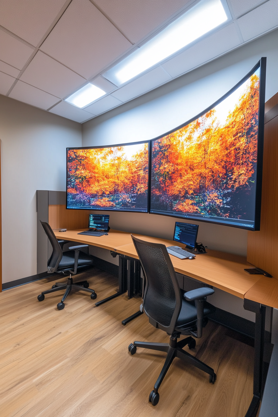 Creative learning space. Editing lab with large dual screens and mouse-optimized roller desk.