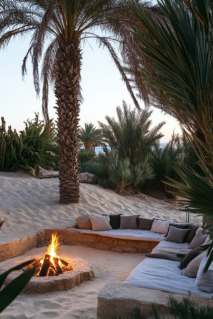 Palm Grove Space. Traditional stone fire pit near crystal clear spring, overlooking sand dunes.