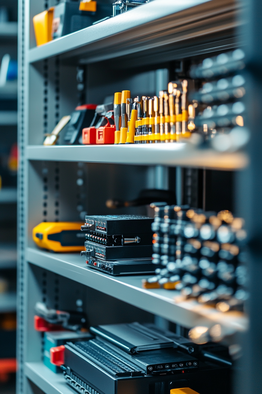 Technical Support Space. Stacked shelves brightly lit, housing system components and screwdriver sets.