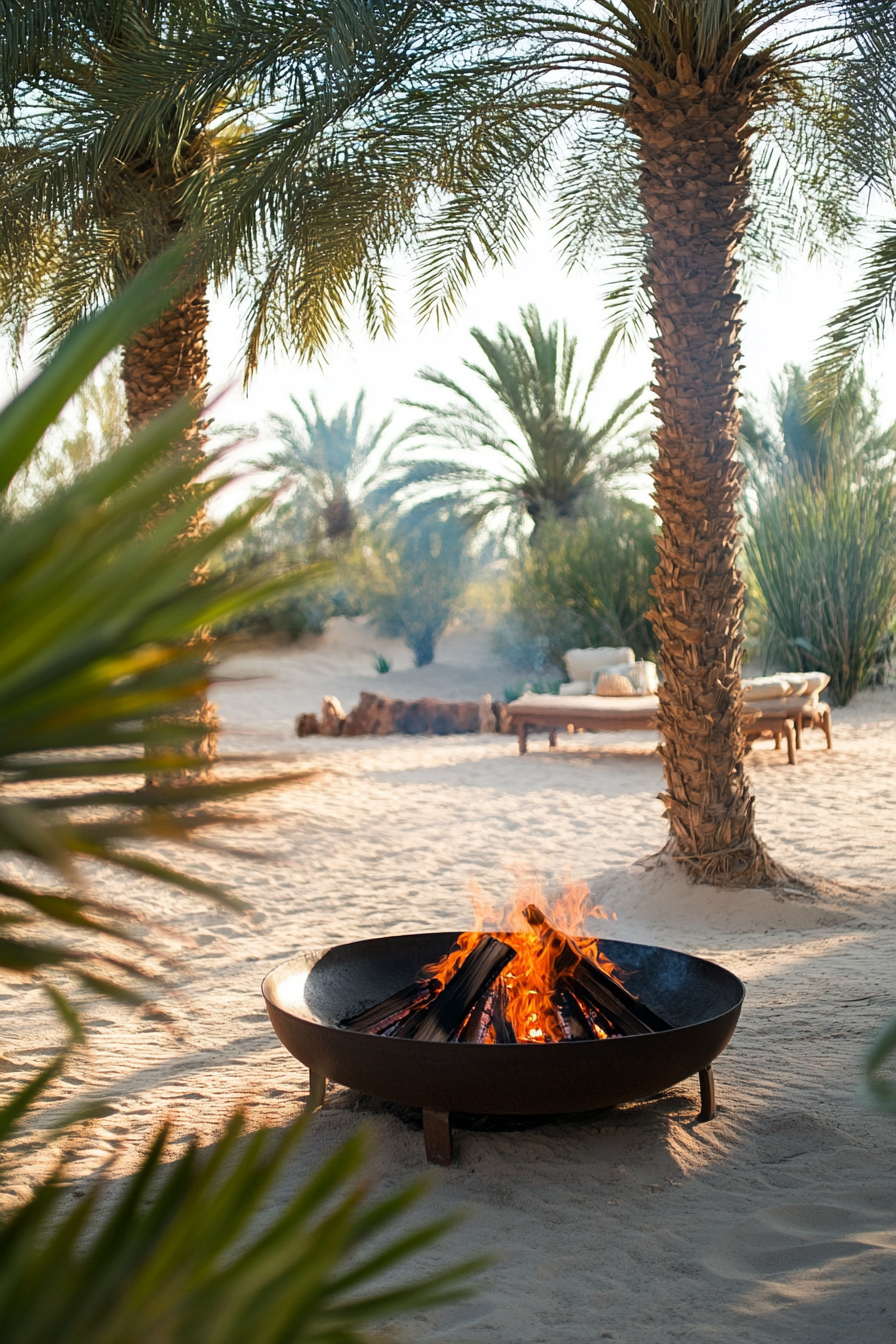 Palm grove space. Traditional fire pit amidst sandy dunes, near a desert spring.