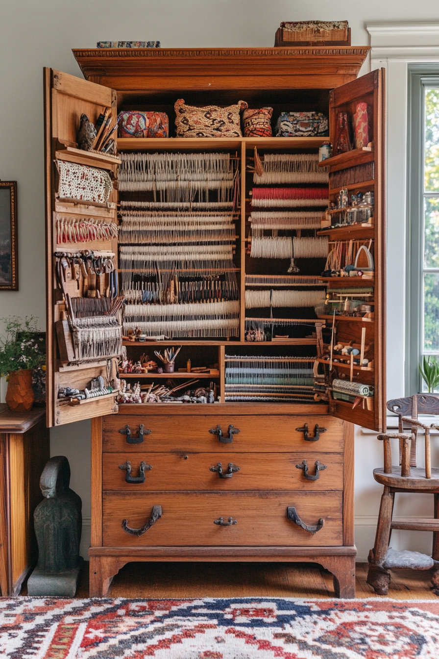 Craft space. Vintage cabinet showcases diverse loom storage motifs.