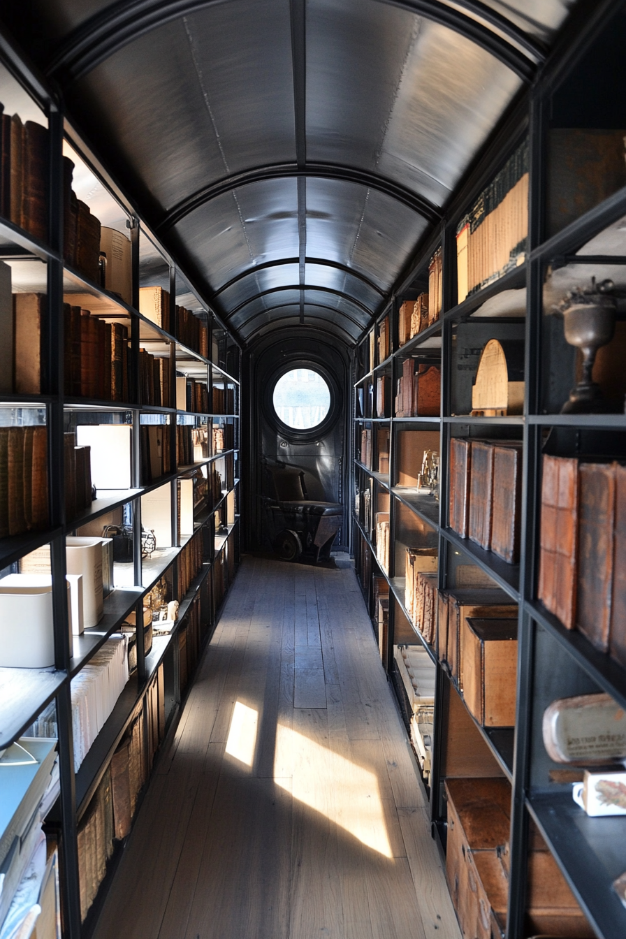 Research Mobile Space. Metal-framed shelving filled with historical artifacts.