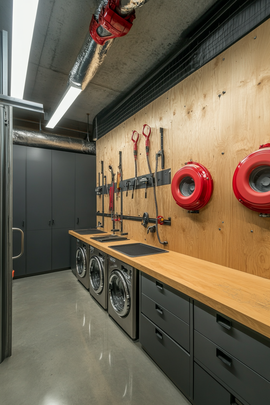 Technical support space. Wall mounted tool panels and industrial washer station.