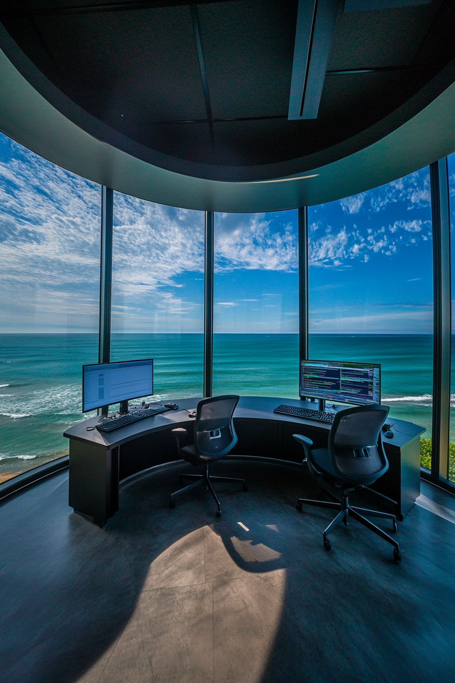 Coastal Analysis Space. Panoramic ocean views next to computer-filled meteorology station.