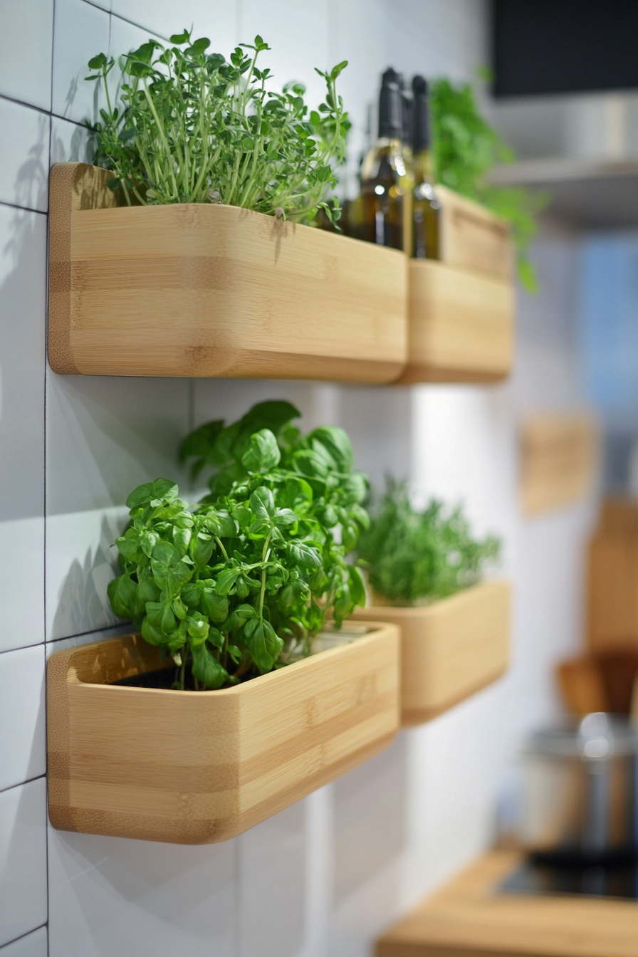 Community cooking space. Wall-mounted herb garden and bamboo bulk bins.