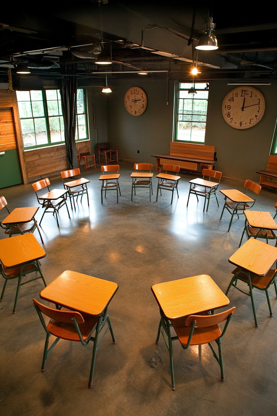 Community Learning Space. Vintage school desks organized in a circular teaching zone.