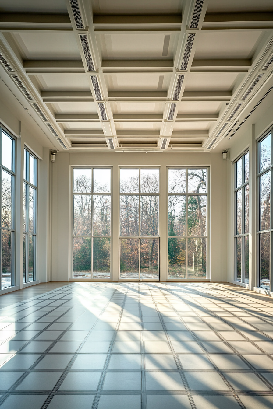 Movement Practice Space. Sprung floor with grid pattern, large ceiling height windows.