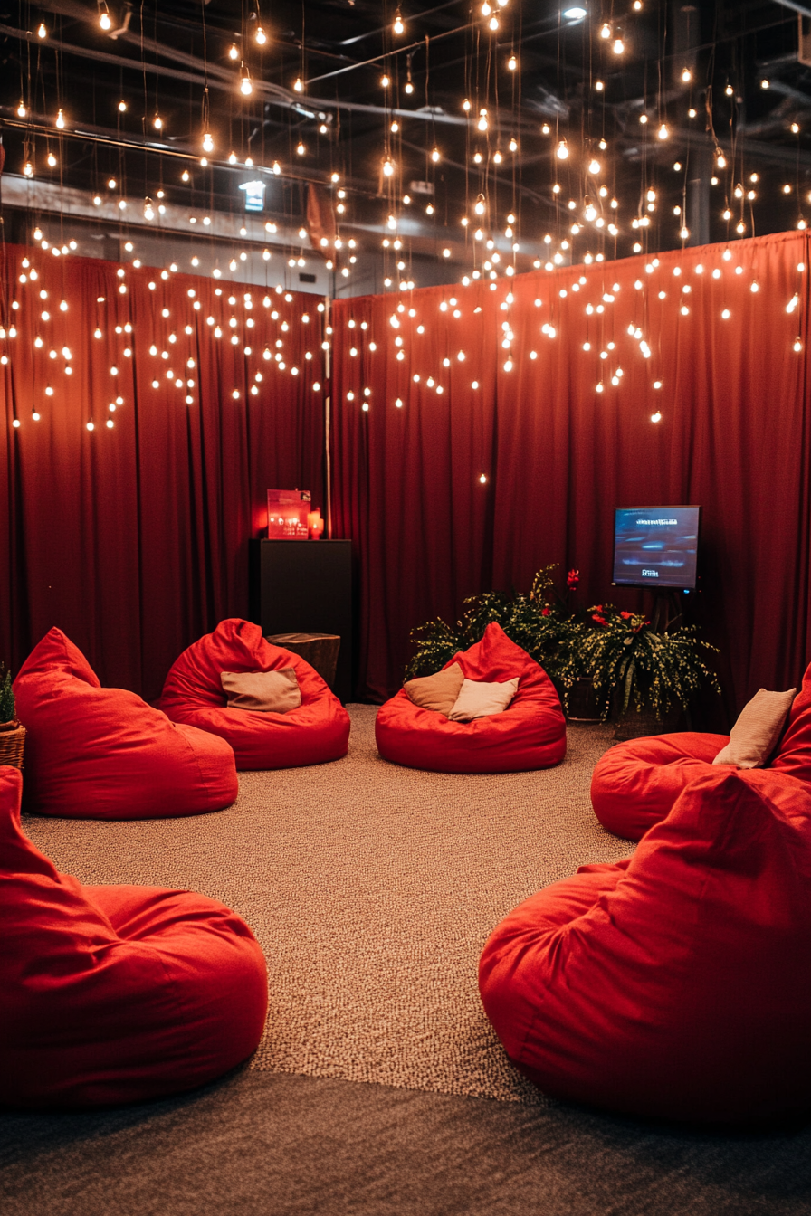 Event Support Space. Red bean bag chairs circle in soft-lit chill zone.