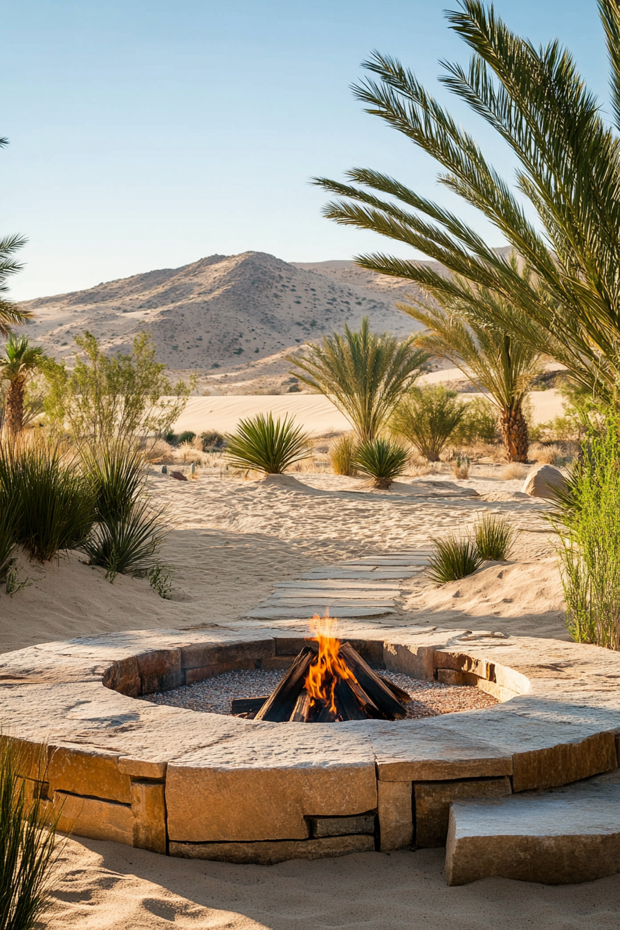 Palm Grove Space. Traditional fire pit, nearby desert spring, dune overview.