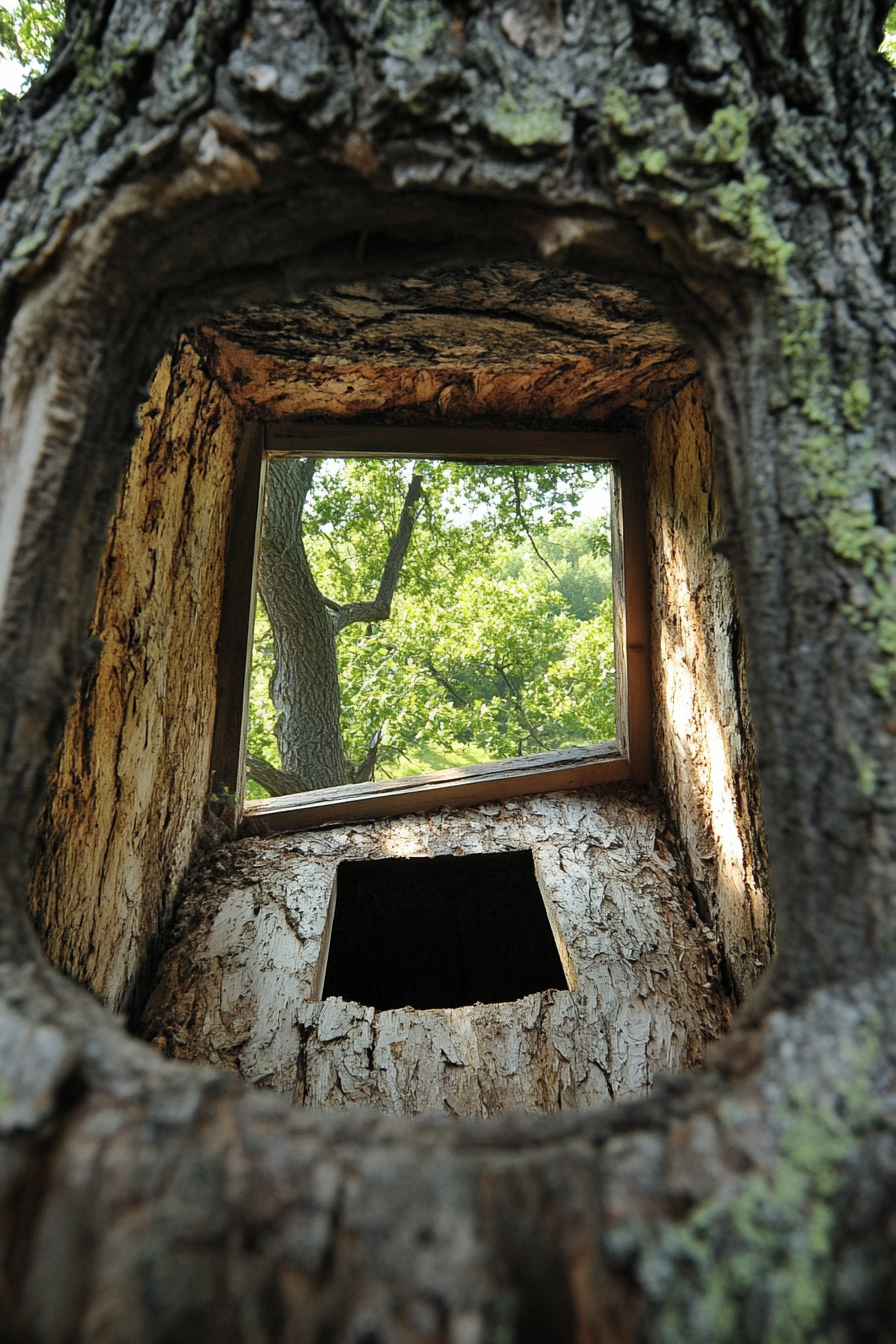 Nature Observation Space. Communing with sparrows hardwood tree hideaway, fitted with professional, panoramic, motorized camera mounts.