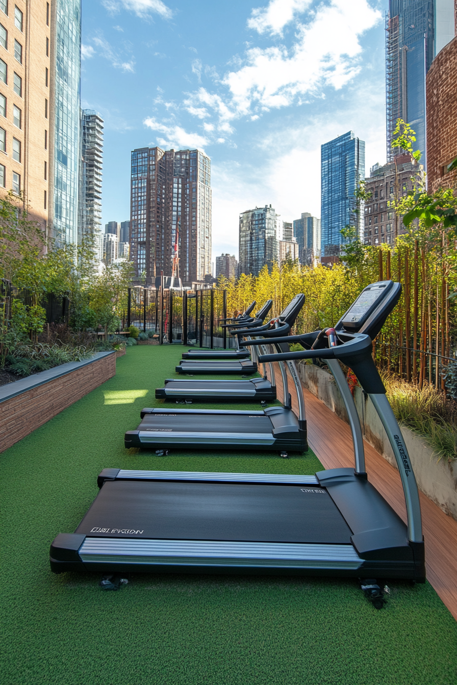 Fitness Community Space. Treadmill circuit in outdoor gym area.