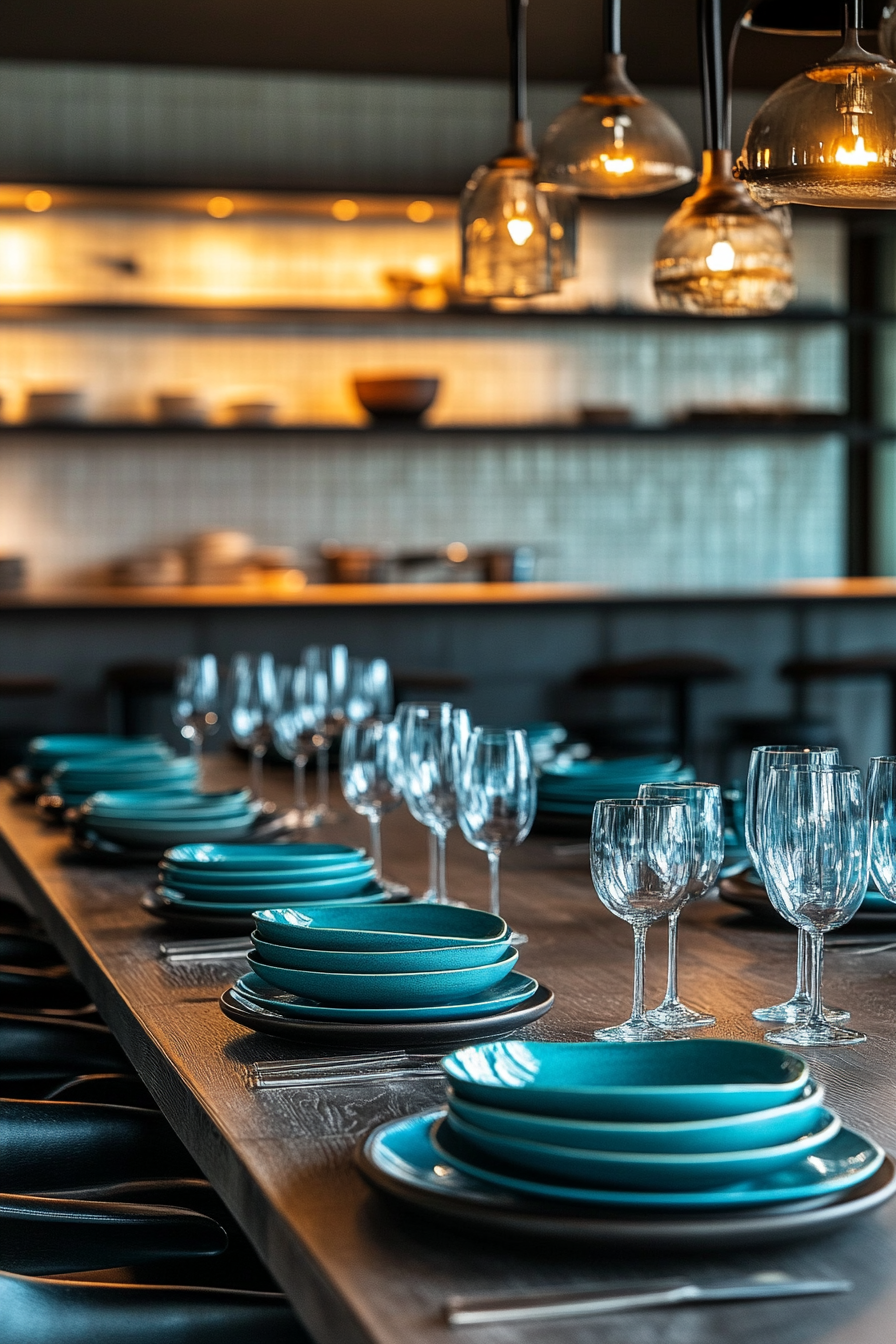 Social cooking space. Dark wood communal dining table with cerulean ceramic plates.