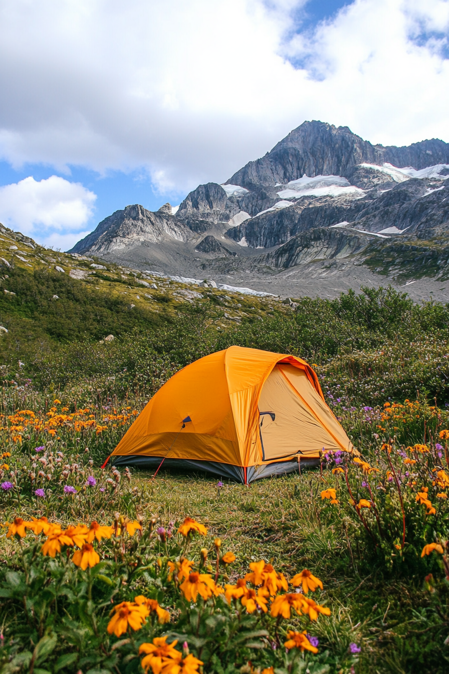 Highland campsite. Wind-guarded tent pad amidst wildflowers with unrestricted mountain views.