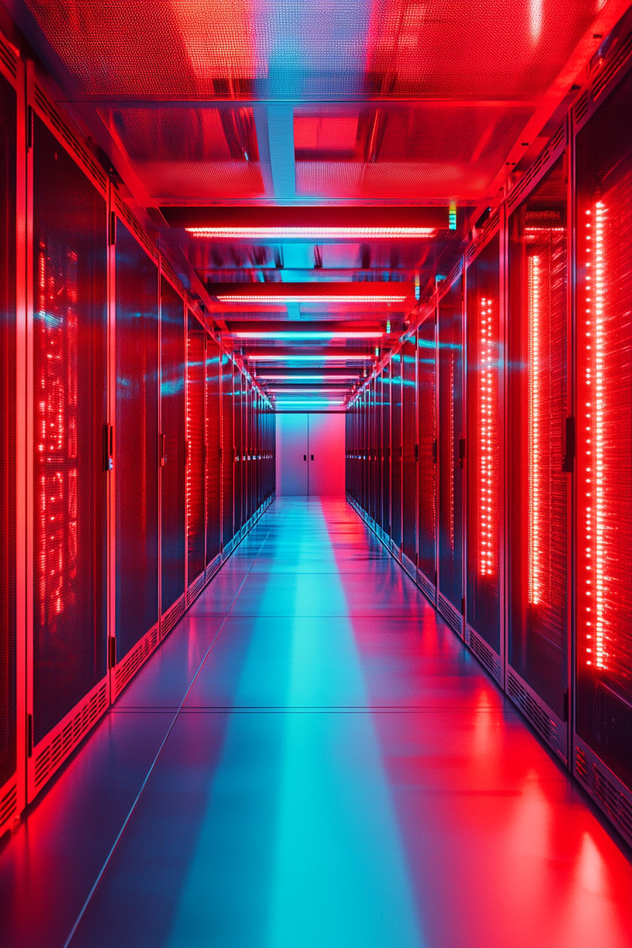 Research mobile space. Floating lab equipment inside illuminated data server room.