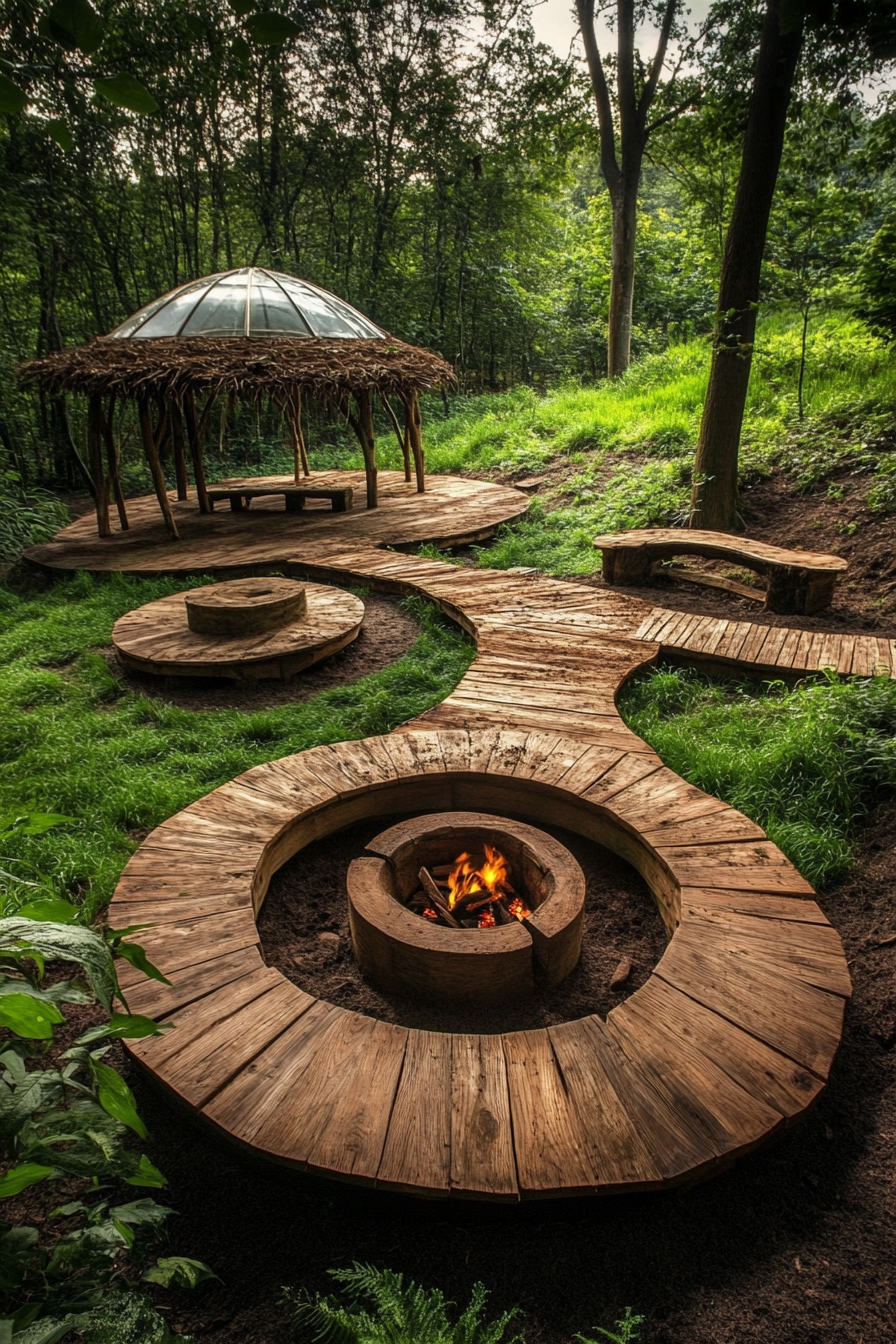 Jungle Clearing Space. Patchy grass clearing, wooden platforms, circular fire pit with dome cover.