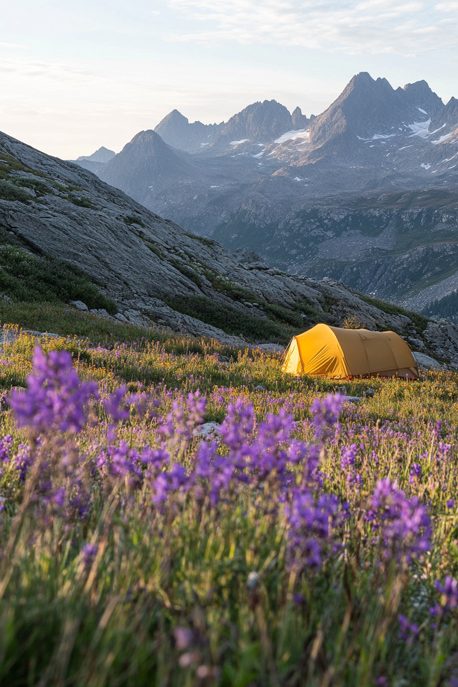 Highland site. Wind-protected tent pad among a patch of purple wildflowers with mountain peak views.