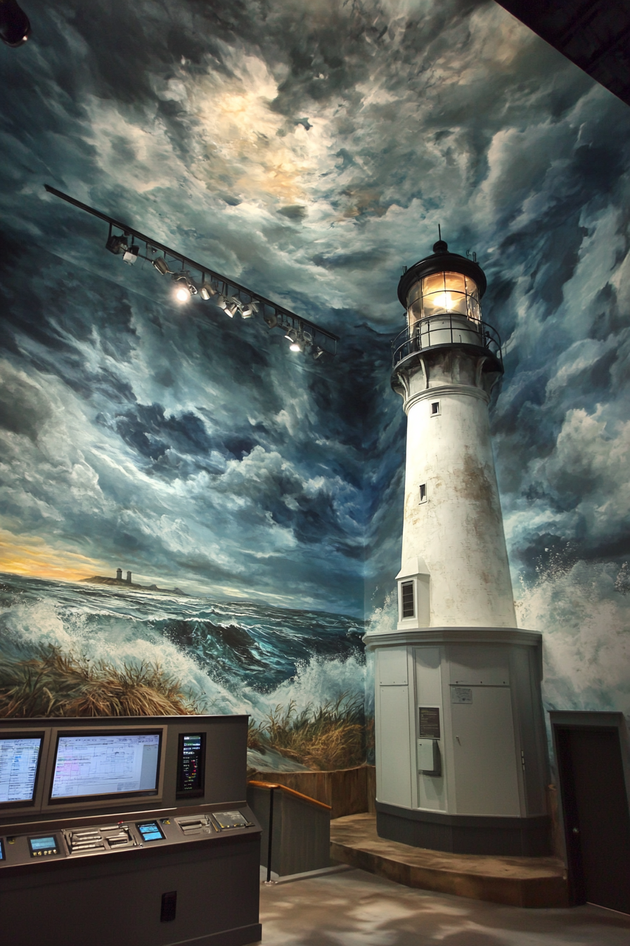 Coastal Analysis Space. Stormy mural, digital weather display panel, looming lighthouse replica.
