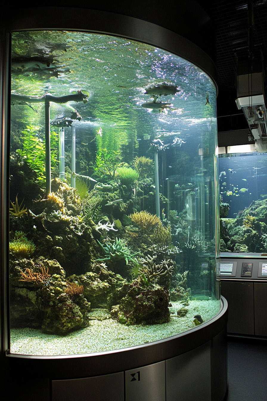 Coastal research space. Glass-walled observation tank filled with exotic marine life.