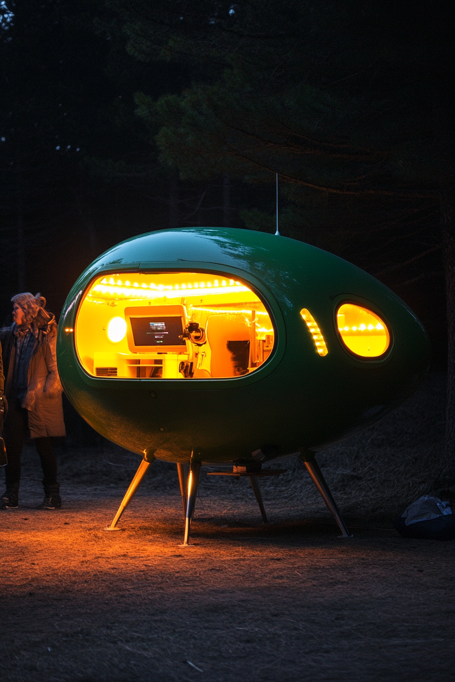 Alpine Mobile Space. Foamy green drone station lit by soft yellow LEDs.