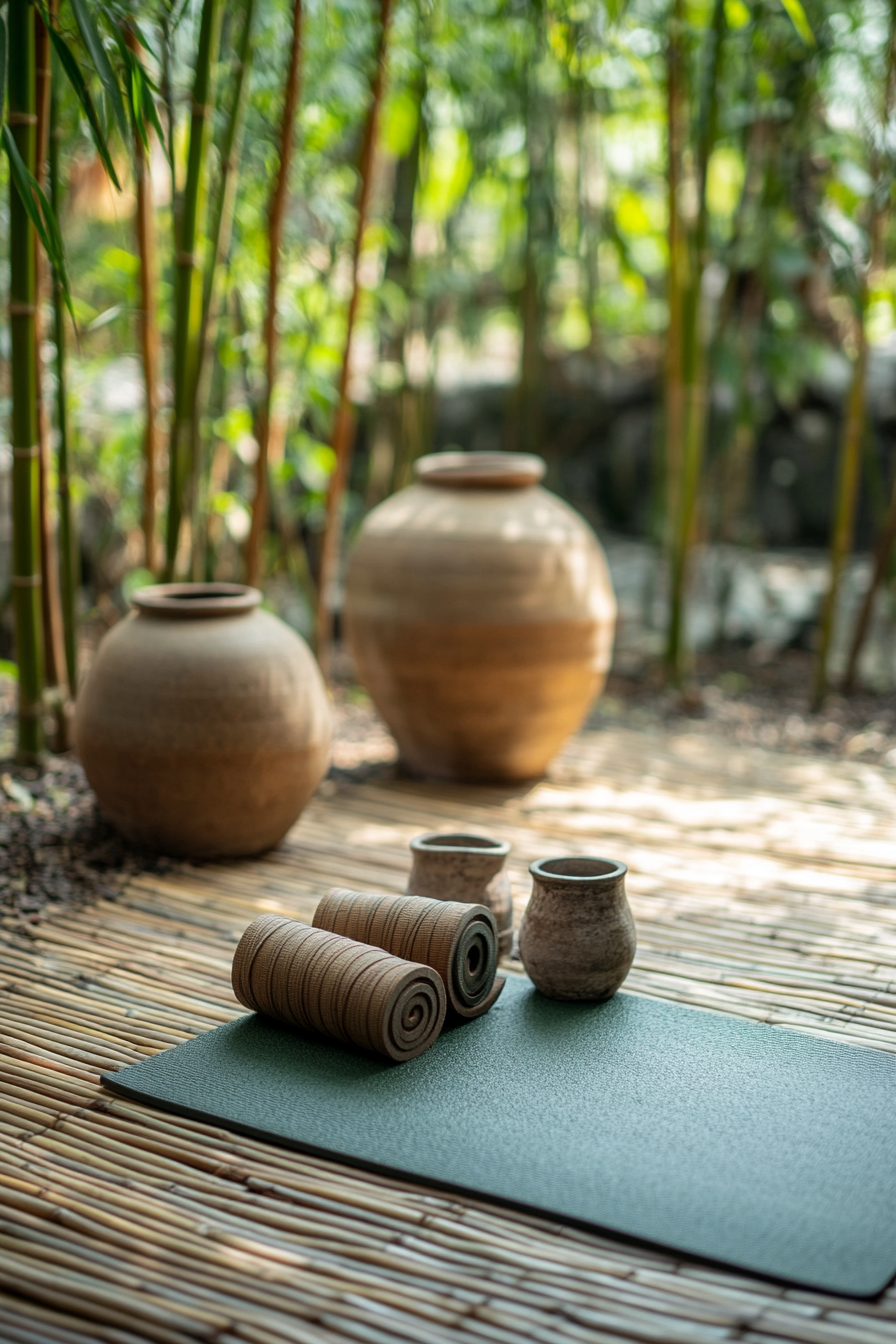 Wellness escape space. Yoga mat and earthen pots in a bamboo garden.