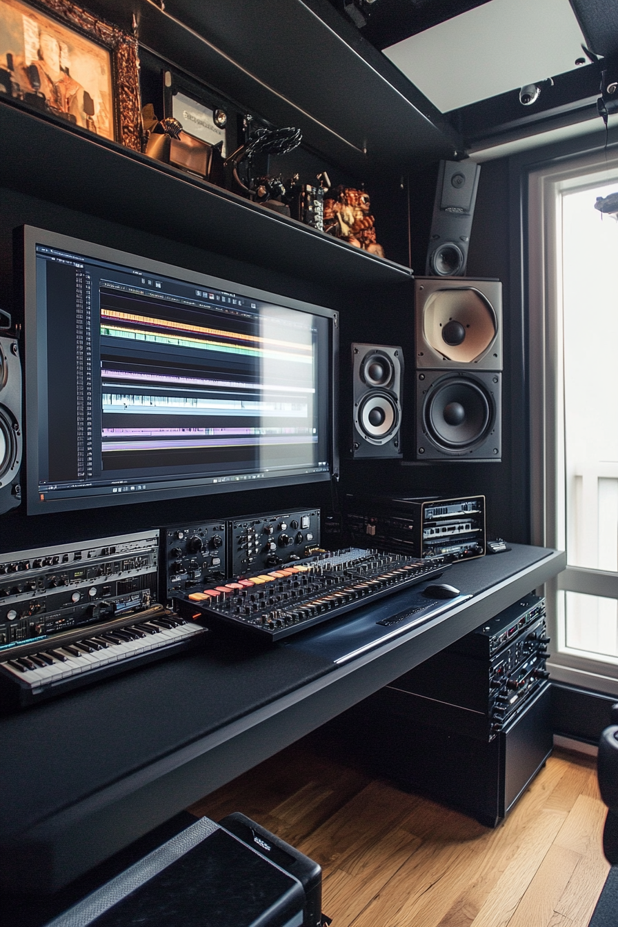 Creative Mobile Space. Sleek matte black shelves storing mix of editing equipment.