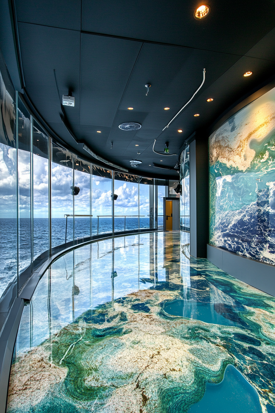 Coastal analysis space. Weather forecast station with ocean-themed wall arts and glass viewing deck.