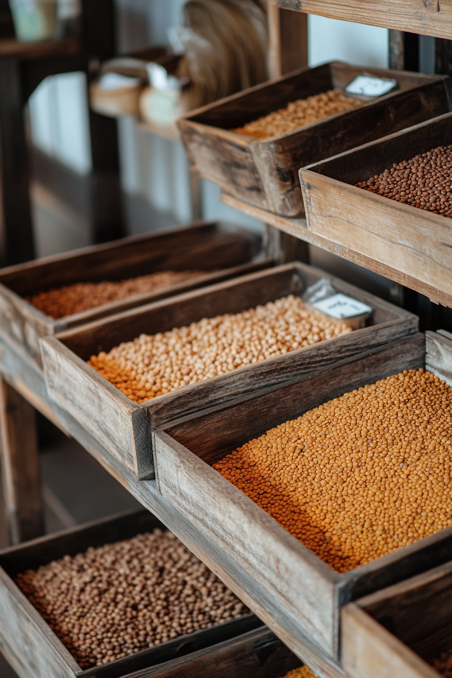 Community cooking space. Wooden bulk storage filled with organic lentils.