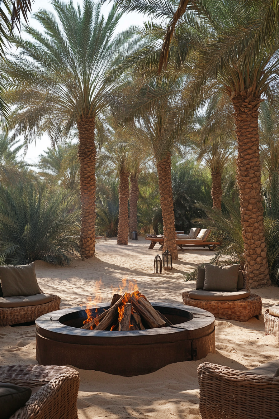 Palm Grove Space. Traditional fire pit surrounded by sands and towering dates.