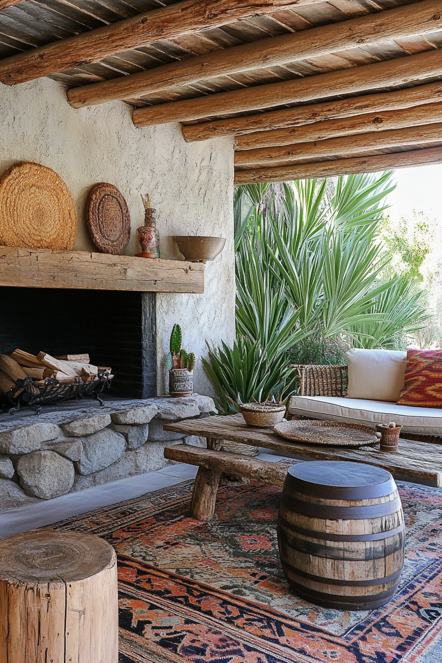 Palm Grove Space. Kilim rug, woven casual seating, stone fireplace, near a desert fit-ground jacaranda barrel.