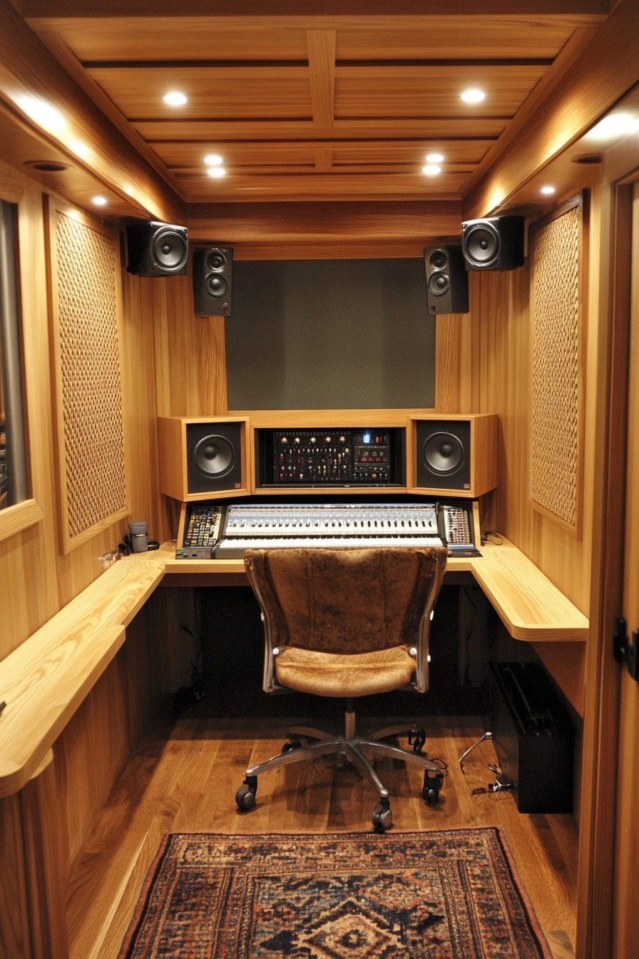 Mobile studio space. Acoustically-treated cedar-panel recording booth with mid-century mix station.