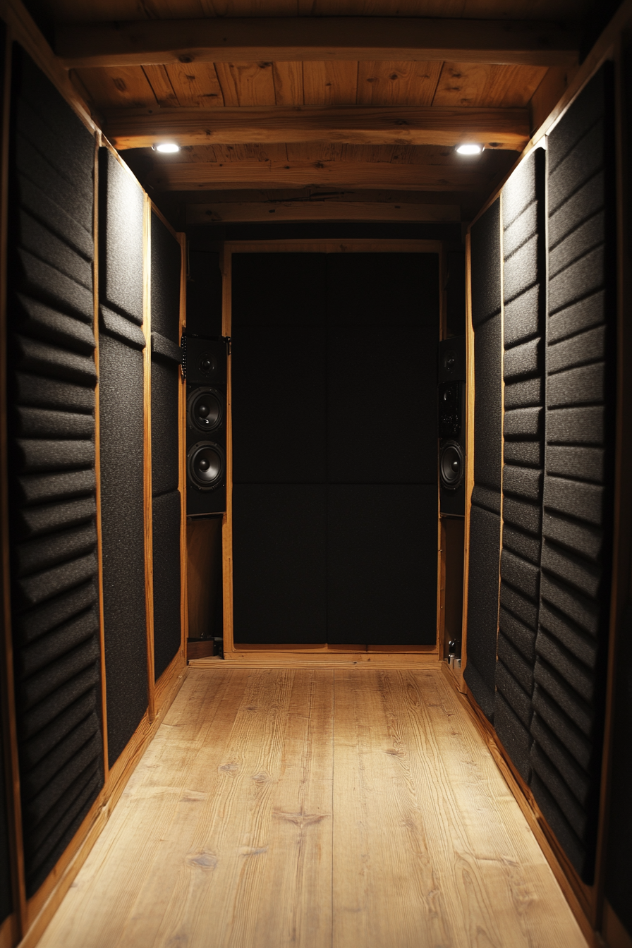 Mobile Studio Space. Black absorption panels with soundproof recording booth.