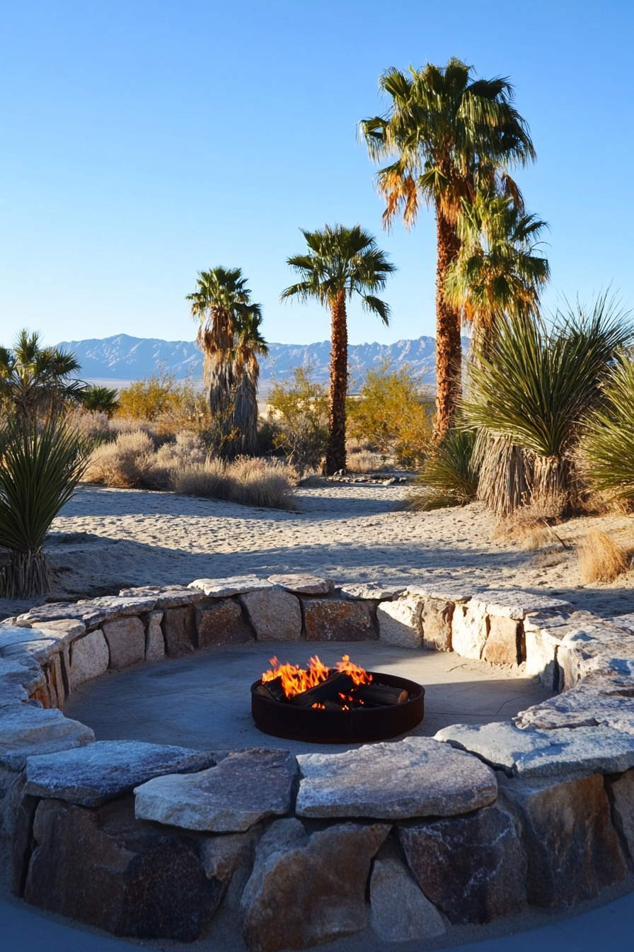 Palm Grove Space. Stone fire pit, adjacent sporadic desert springs, overviewing a sweeping sand dunes.