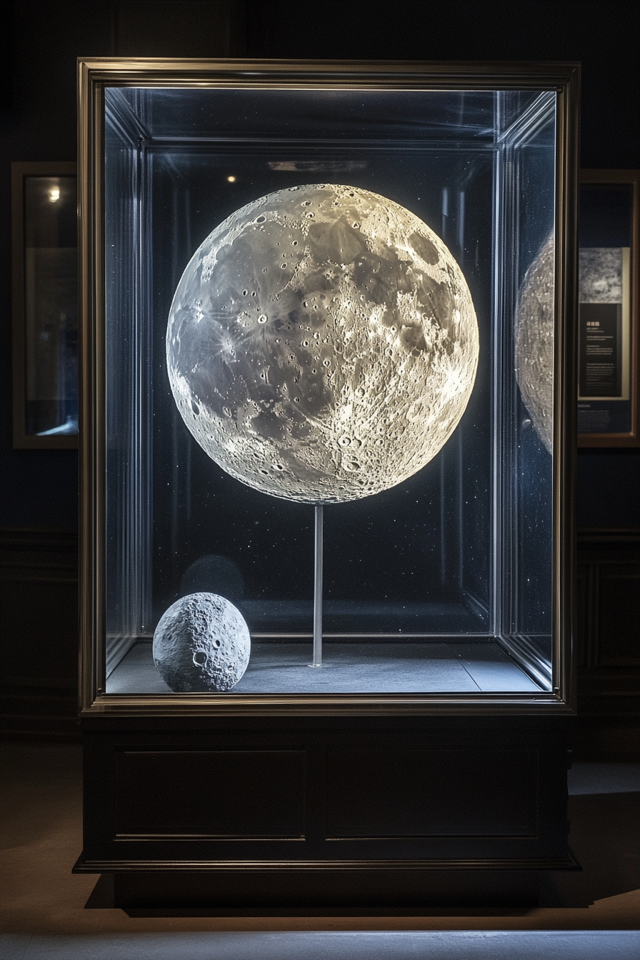 Research Mobile Space. Illuminated artifact display with a 3D moon model.