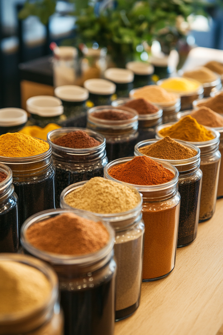 Community cooking space. Communal table with jars of assorted spice powders.