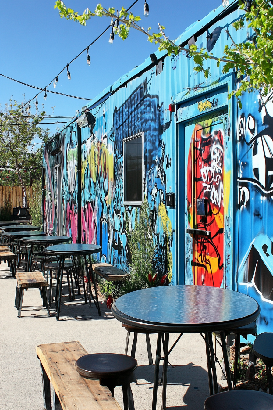 Community Space. Sky-blue wall of graffiti accommodating artists' studio pods.
