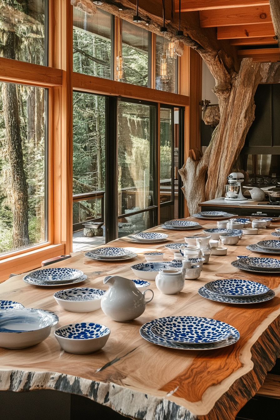 Social cooking space. Redwood dining table with blue-dotted ceramic place settings.