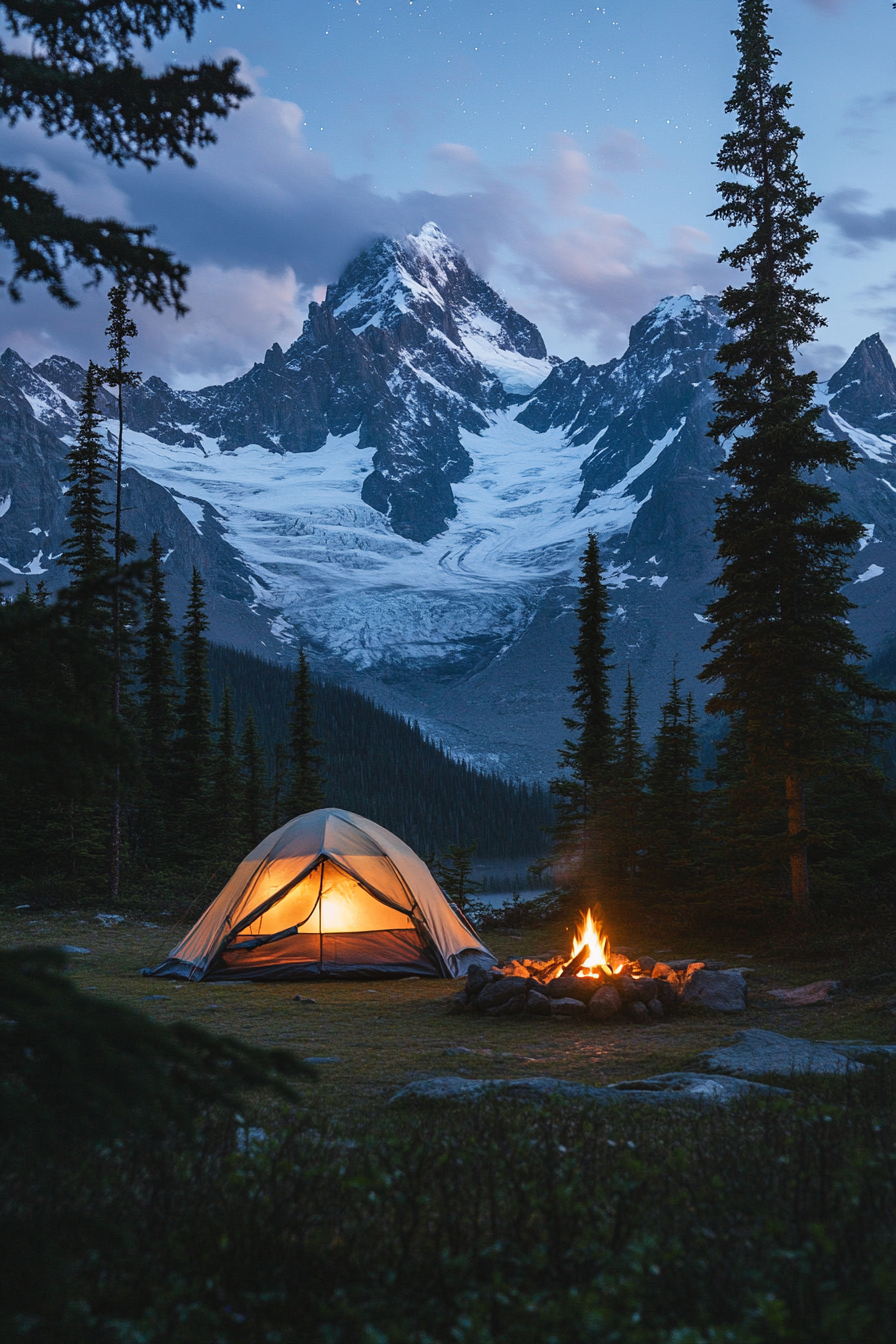 High Alpine Site. Tucked behind spruce trees fire pit facing snow-capped peaks, tinted aurora watch tent.