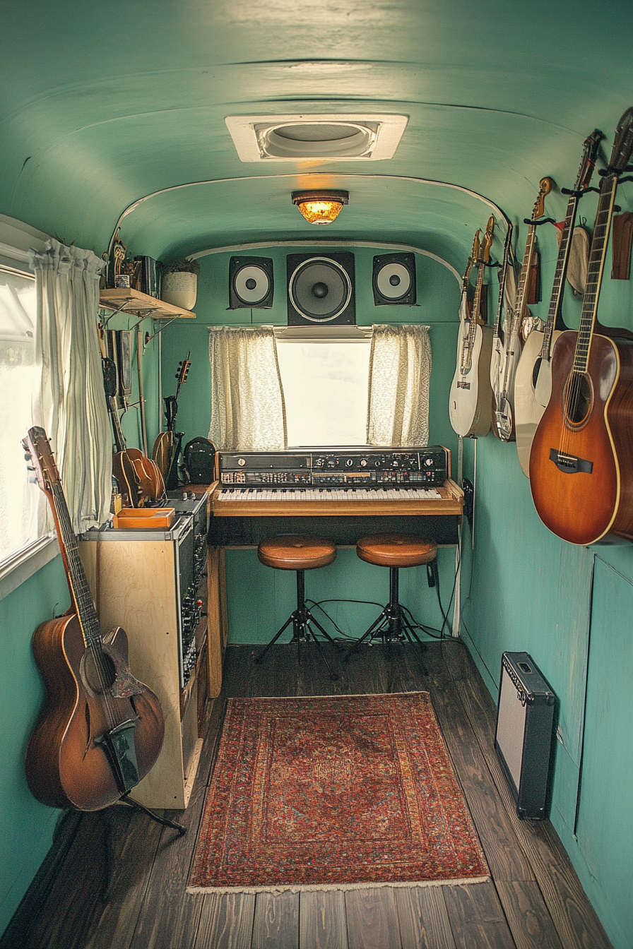 Mobile studio space. Teal vintage trailer with guitar hangers and recording partition.