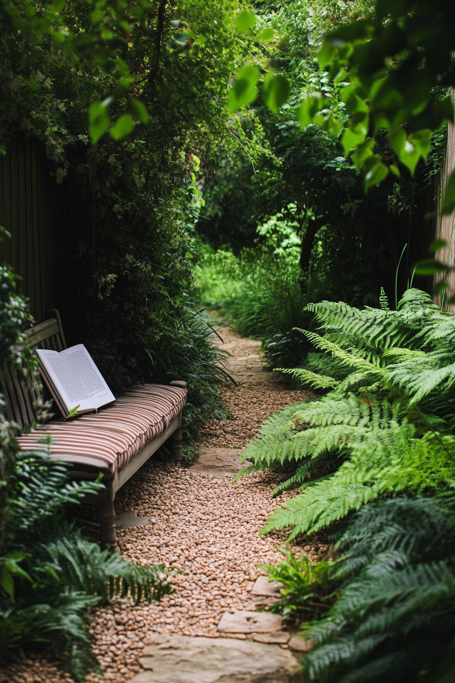 Wellness escape space. A quiet reading corner overlooking a fern-ladden garden path.