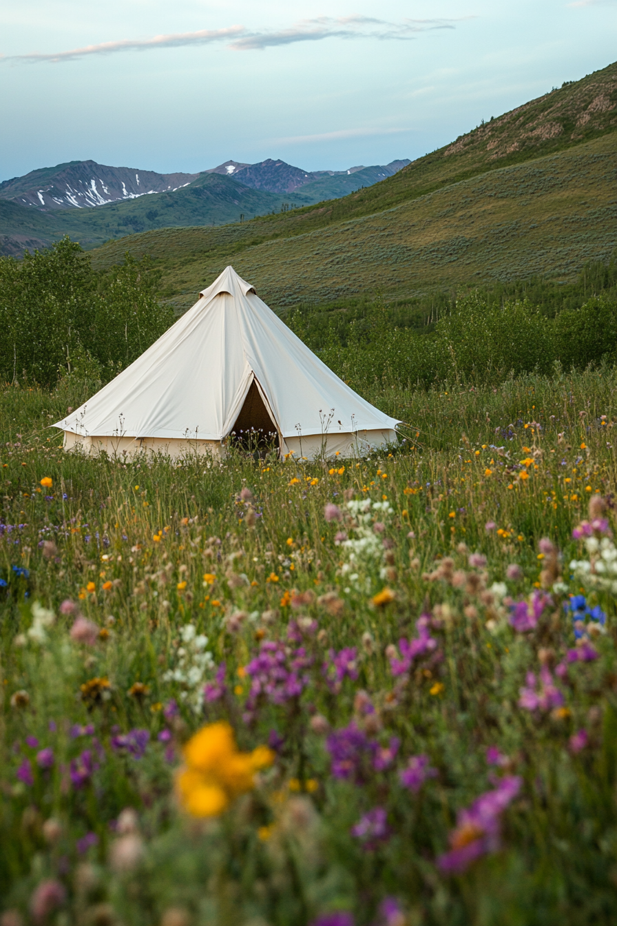 Highland Site. Weather-resistant tent nestled amidst wildflowers, overlooking broad peaked terrain.